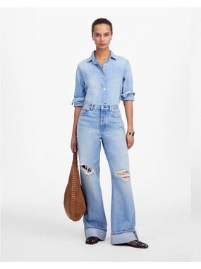 Madewell Light Blue High-Rise Wide-Leg Distressed Jeans sz 25